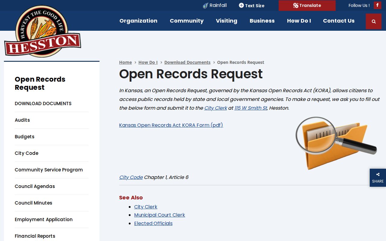 Hesston open-records request page for arrest records
