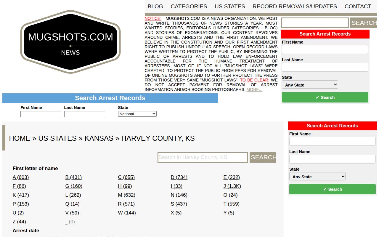 Unofficial Mugshots.com Harvey County archive interface for caveated record discovery