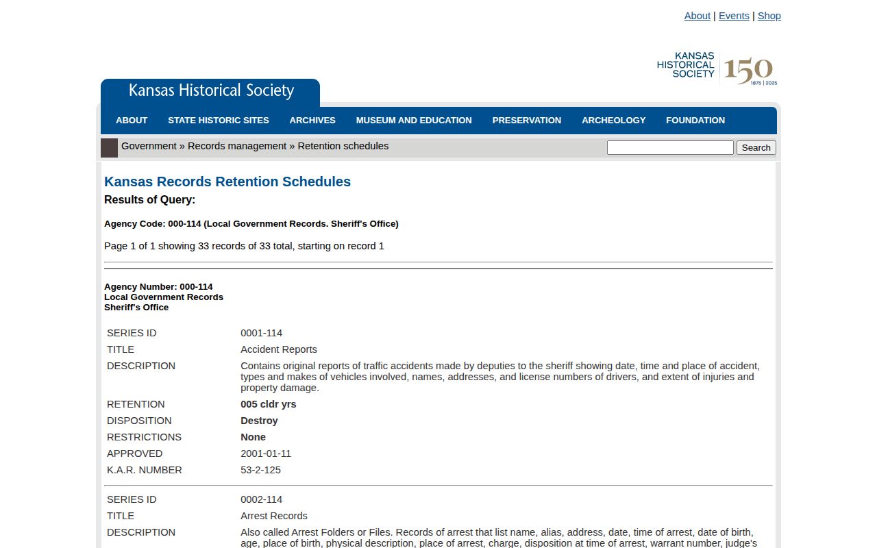 Kansas sheriff retention schedule for Harvey County arrest and mugshot records